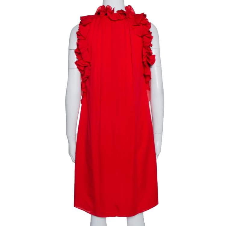 Pre Owned Gucci Red Silk Ruffle Detail Shift Dress L