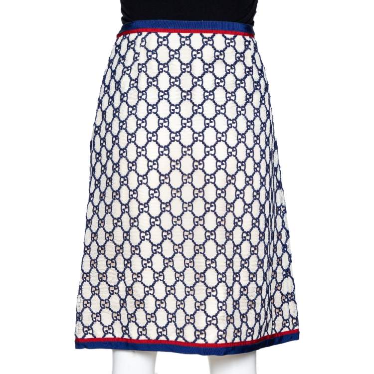Pre Owned Gucci Navy Blue & Cream GG Macrame Overlay A-Line Skirt M