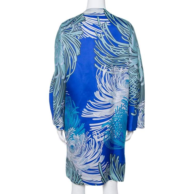Pre Owned Gucci Blue Floral Print Silk Coat Dress L