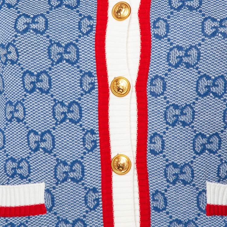 Pre Owned Gucci Blue Wool Logo Intarsia Knit  Button Front Cardigan XXS