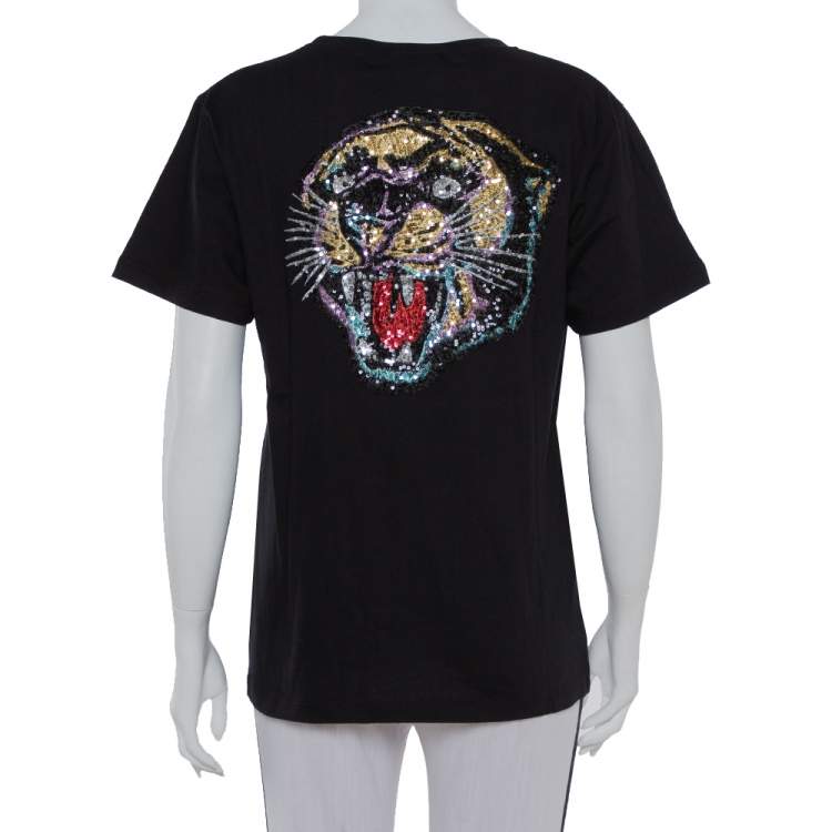 Pre Owned Gucci Black Cotton Sequin Embellished Tiger & Logo Detail Oversized T-shirt XS