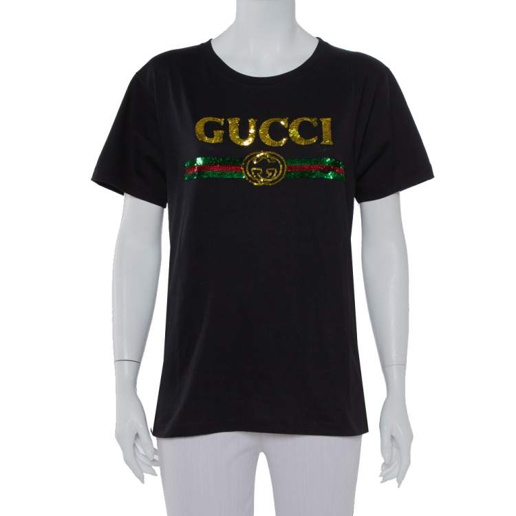 Gucci Black Cotton Sequin Embellished Tiger & Logo Detail Oversized T ...