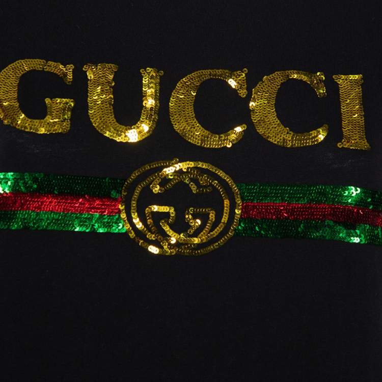 Pre Owned Gucci Black Cotton Sequin Embellished Tiger & Logo Detail Oversized T-shirt XS