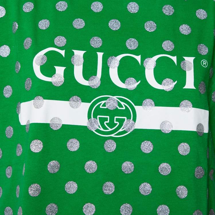 Pre Owned Gucci Green Glitter Polka Dot & Logo Printed Cotton Crewneck T-shirt XS