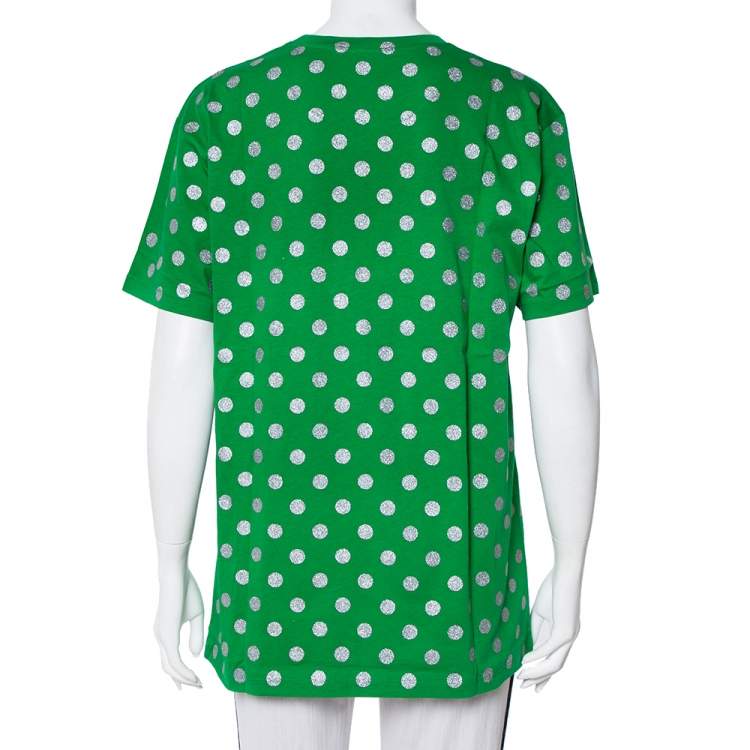 Pre Owned Gucci Green Glitter Polka Dot & Logo Printed Cotton Crewneck T-shirt XS