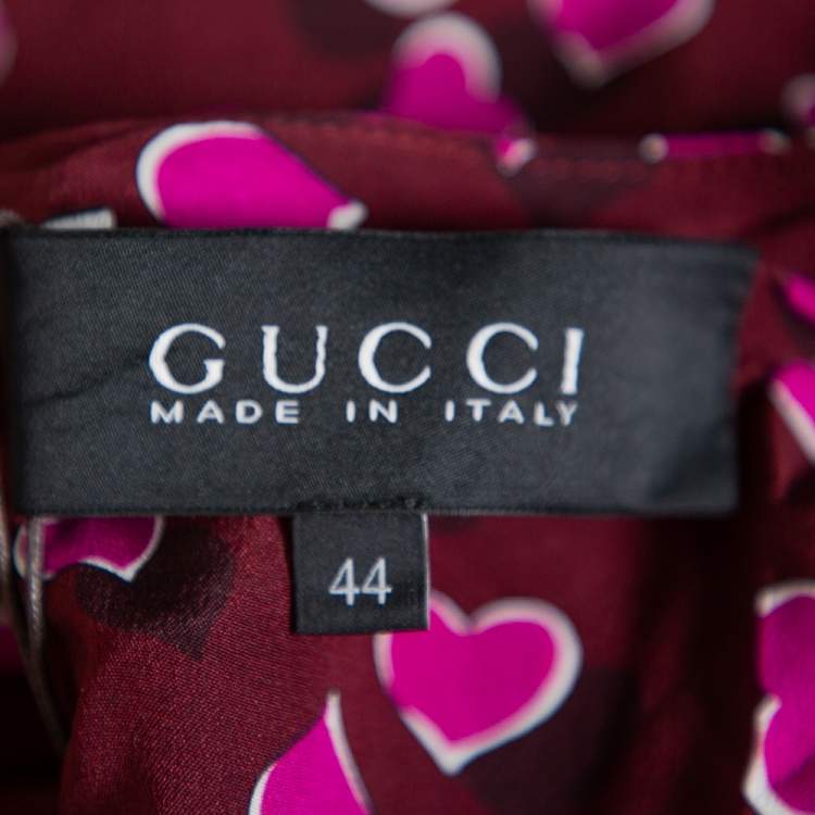 Pre Owned Gucci Burgundy Heartbeat Print Silk Ruched Detail Maxi Dress M