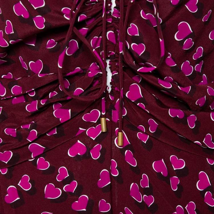 Pre Owned Gucci Burgundy Heartbeat Print Silk Ruched Detail Maxi Dress M
