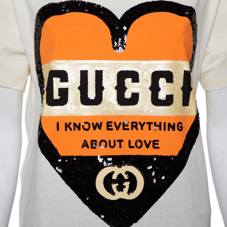 Pre Owned Gucci Cream Cotton Sequin Embellished Heart Detail Oversized Crewneck T-Shirt XS
