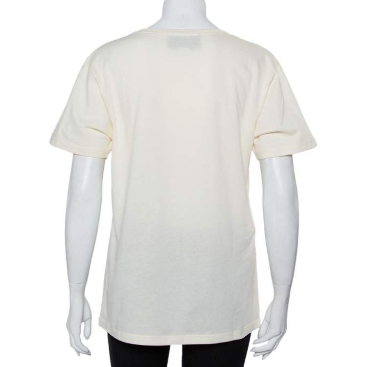 Pre Owned Gucci Cream Cotton Sequin Embellished Heart Detail Oversized Crewneck T-Shirt XS