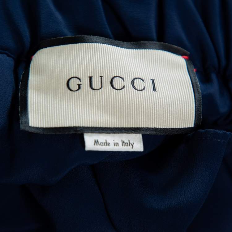 Pre Owned Gucci Navy Blue & Red Logo Embroidered Mesh Wide Leg Sheer Pants M