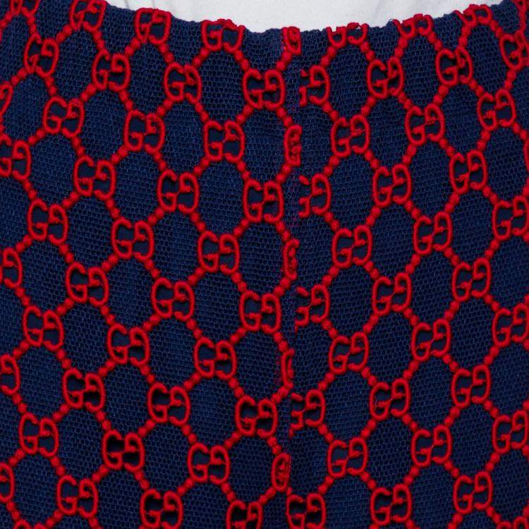 Pre Owned Gucci Navy Blue & Red Logo Embroidered Mesh Wide Leg Sheer Pants M
