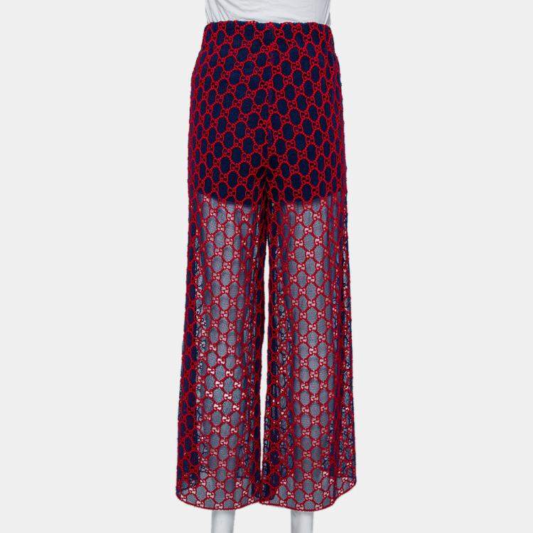 Pre Owned Gucci Navy Blue & Red Logo Embroidered Mesh Wide Leg Sheer Pants M