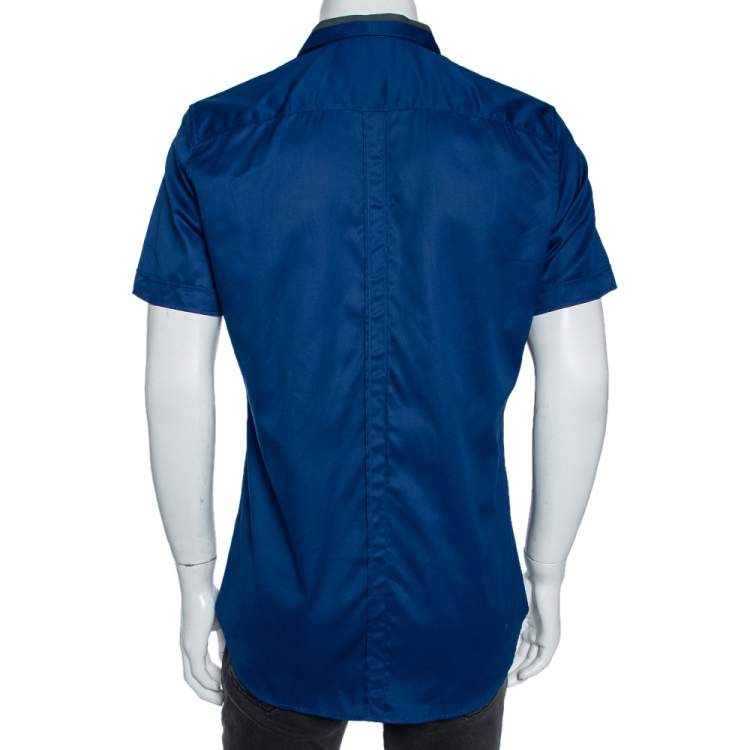 Pre Owned Gucci Blue Cotton Contrast Collar Detail Short Sleeve Skinny Fit Shirt L