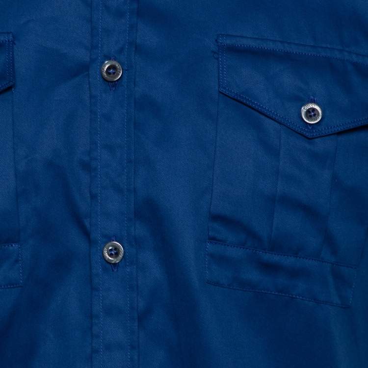 Pre Owned Gucci Blue Cotton Contrast Collar Detail Short Sleeve Skinny Fit Shirt L