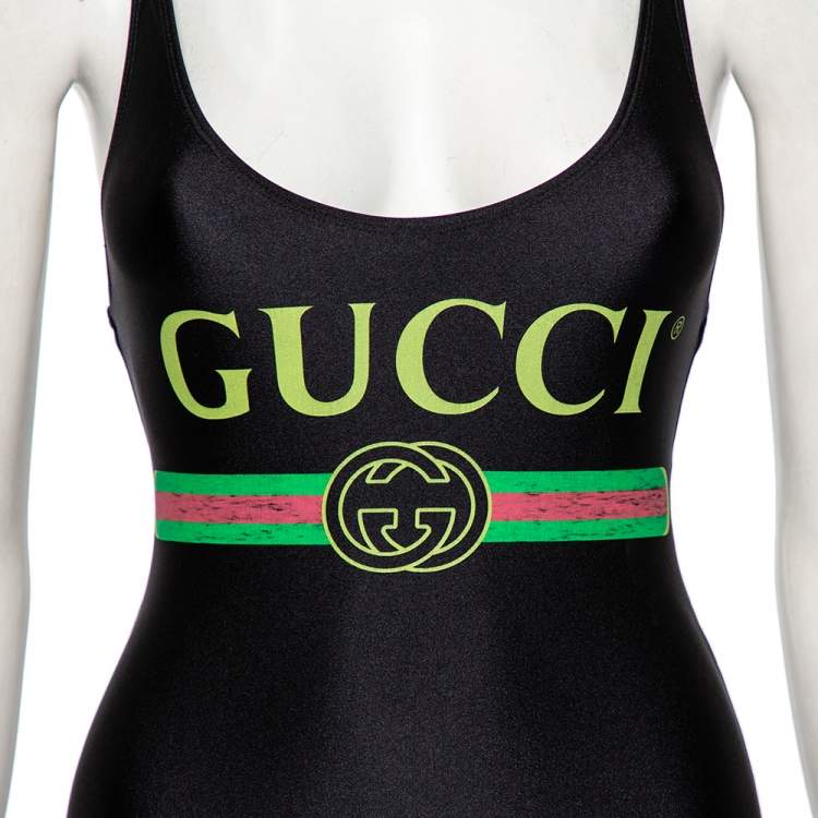Pre Owned Gucci Black Lycra Logo Printed Sparkling Swimsuit XXS