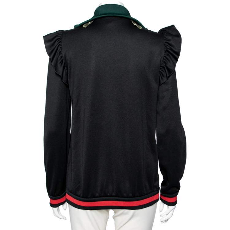 Pre Owned Gucci Black Jersey Floral Embroidered Ruffled Detail Technical Jacket L