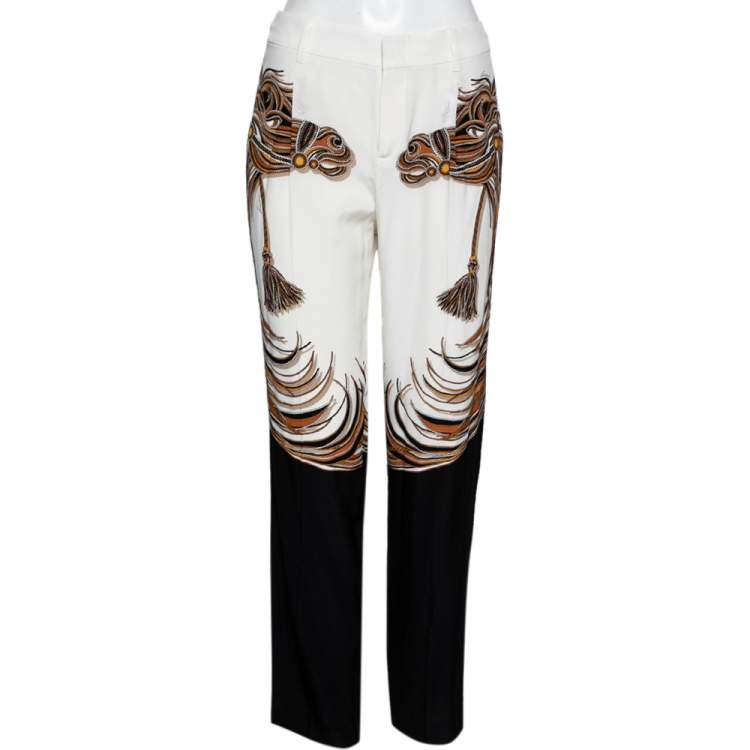 Pre Owned Gucci White Horse and Tassel Printed Silk Pants M