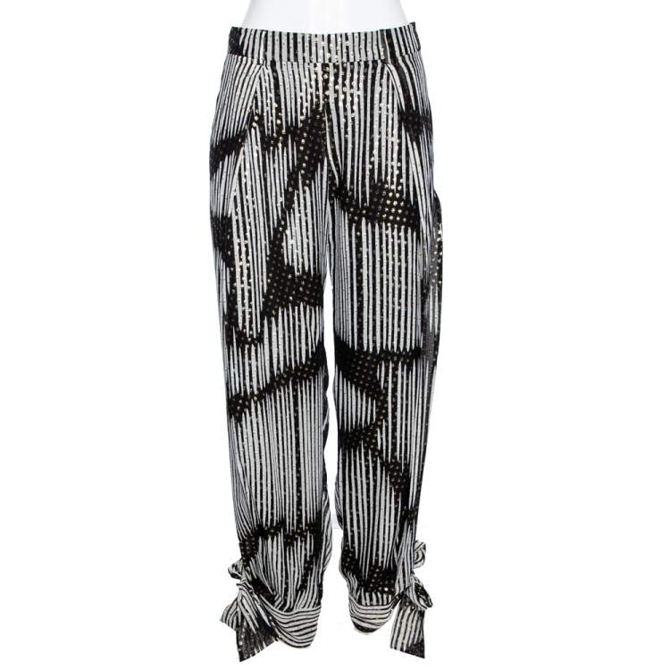 Pre Owned Gucci Monochrome & Lurex Polka Dotted Silk Pants M
