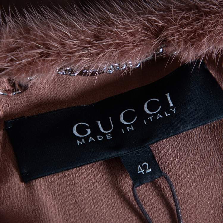 Pre Owned Gucci Pink Mink Fur Long Sleeve Top & Leather Skirt Set M