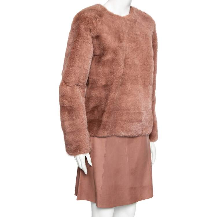 Pre Owned Gucci Pink Mink Fur Long Sleeve Top & Leather Skirt Set M