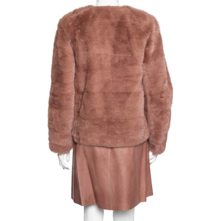 Pre Owned Gucci Pink Mink Fur Long Sleeve Top & Leather Skirt Set M