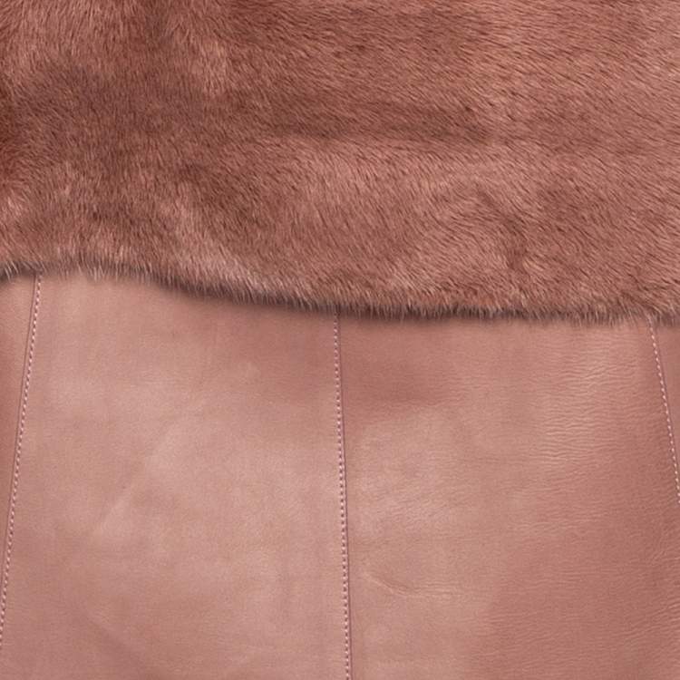 Pre Owned Gucci Pink Mink Fur Long Sleeve Top & Leather Skirt Set M