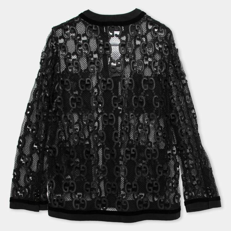Pre Owned Gucci Black Mesh Laser Cut GG Long Sleeve Button Front Jacket S