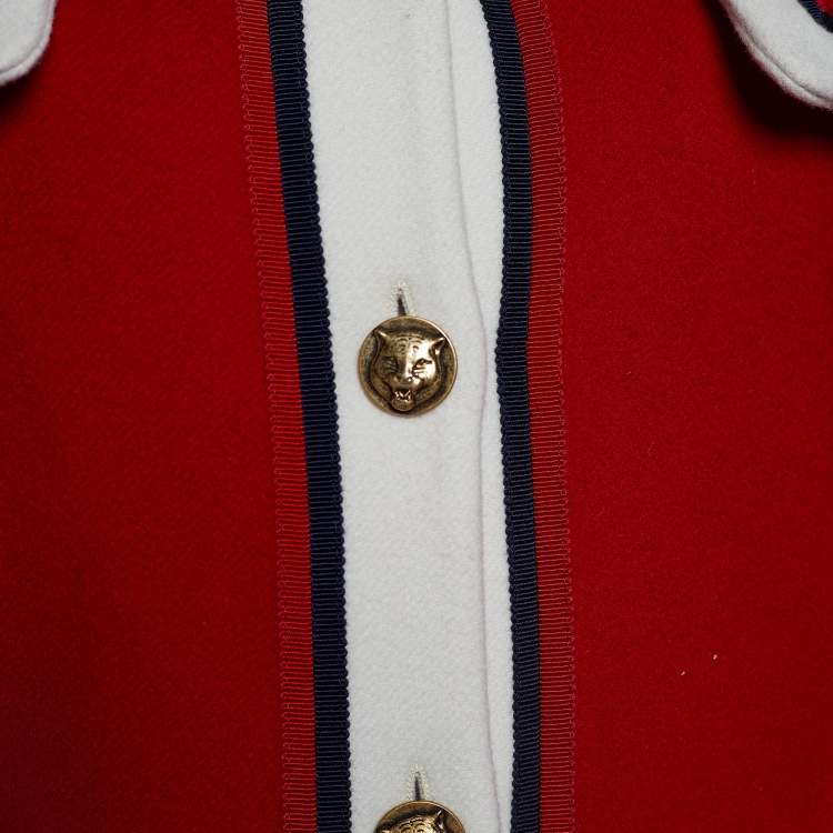 Pre Owned Gucci Red Wool Feline Button Detail Long Coat M