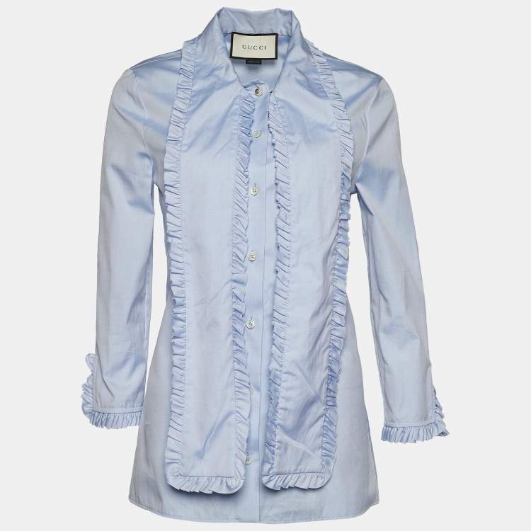 Pre Owned Gucci Blue Cotton Ruffle Neck Tie Detail Shirt M
