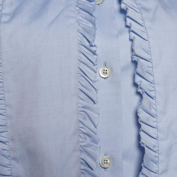 Pre Owned Gucci Blue Cotton Ruffle Neck Tie Detail Shirt M