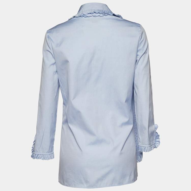 Pre Owned Gucci Blue Cotton Ruffle Neck Tie Detail Shirt M