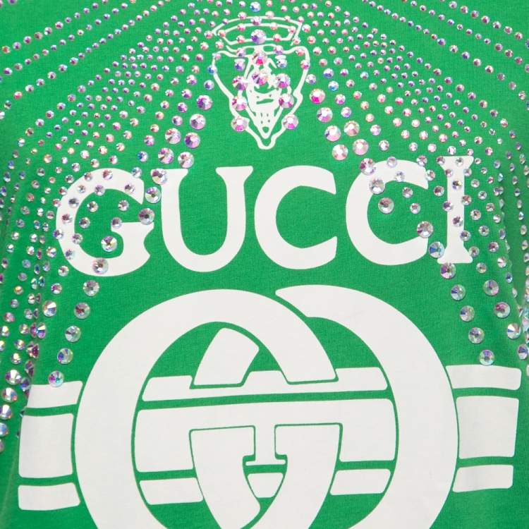Pre Owned Gucci Green Logo Print Rhinestone Embellished T-Shirt L