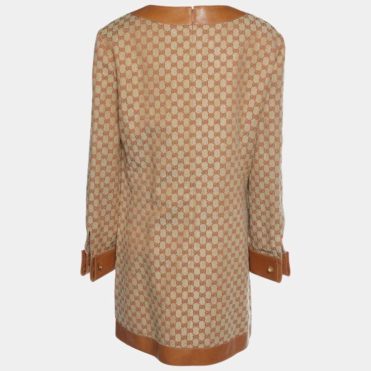 مملوكة مسبقًا Gucci Brown Logo Linen Canvas & Leather Trim Mini Dress M