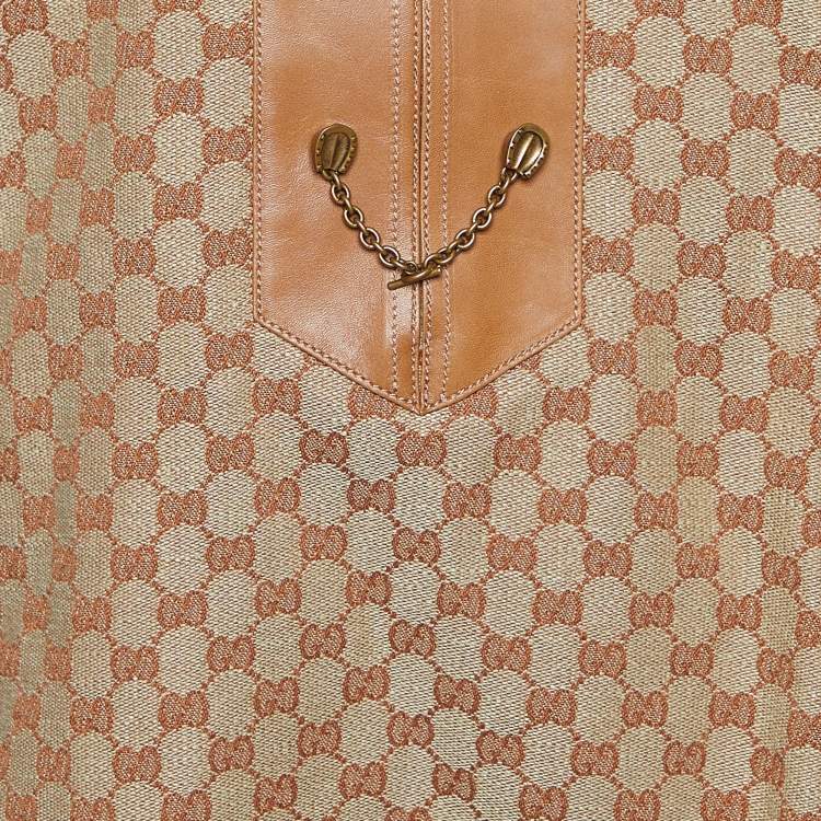 مملوكة مسبقًا Gucci Brown Logo Linen Canvas & Leather Trim Mini Dress M