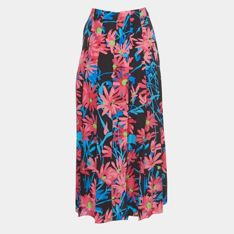 Pre Owned Gucci Black/Multicolor Floral Print Silk Midi Skirt M