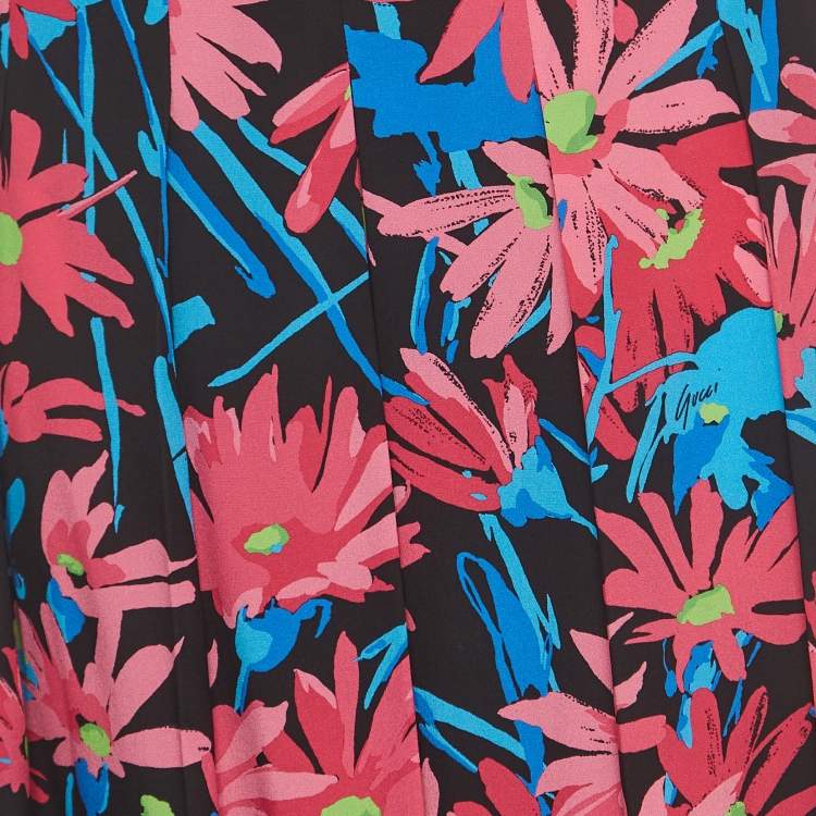 Pre Owned Gucci Black/Multicolor Floral Print Silk Midi Skirt M