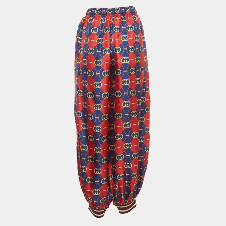 Pre Owned Gucci Red/Multicolor Jacquard Wide Leg Pants L