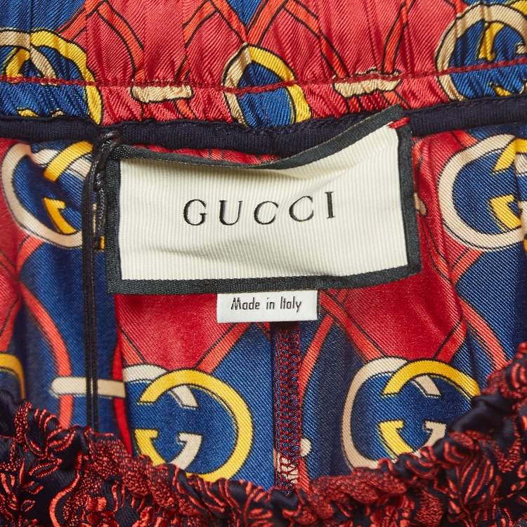 Pre Owned Gucci Red/Multicolor Jacquard Wide Leg Pants L