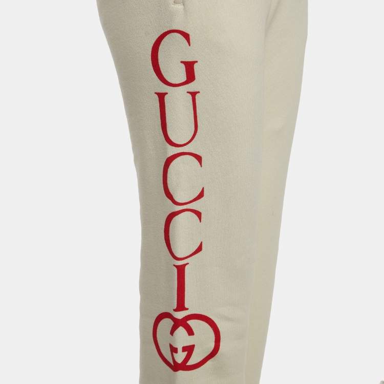 Pre Owned Gucci Off White Logo Print Cotton Joggers S