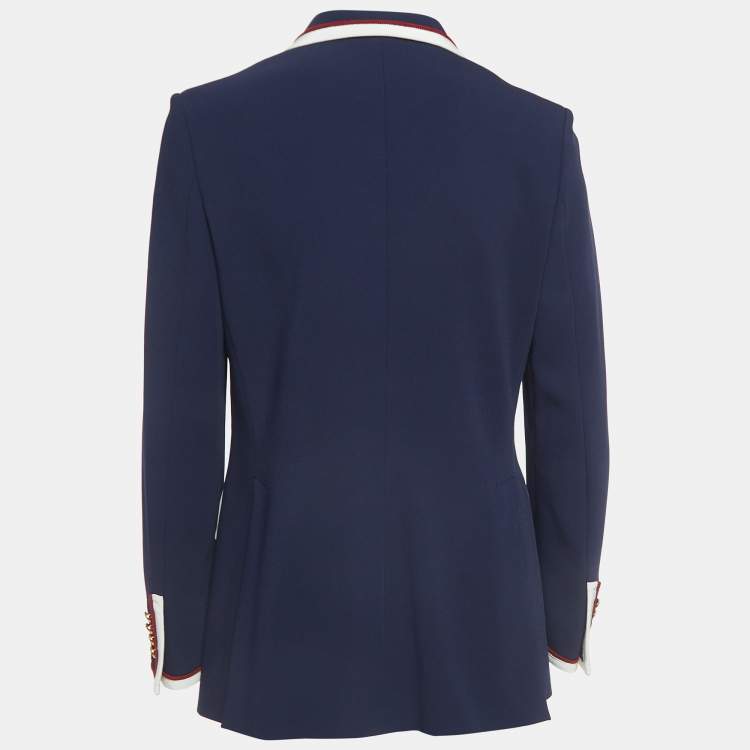 مملوكة مسبقًا Gucci Navy Blue Crepe Contrast Trim Detail Button Front Blazer M
