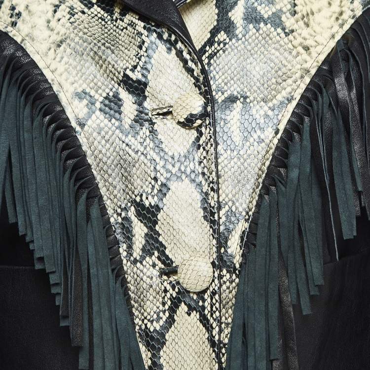 Pre Owned Gucci Black Python Embossed Fringed Leather Jacket M