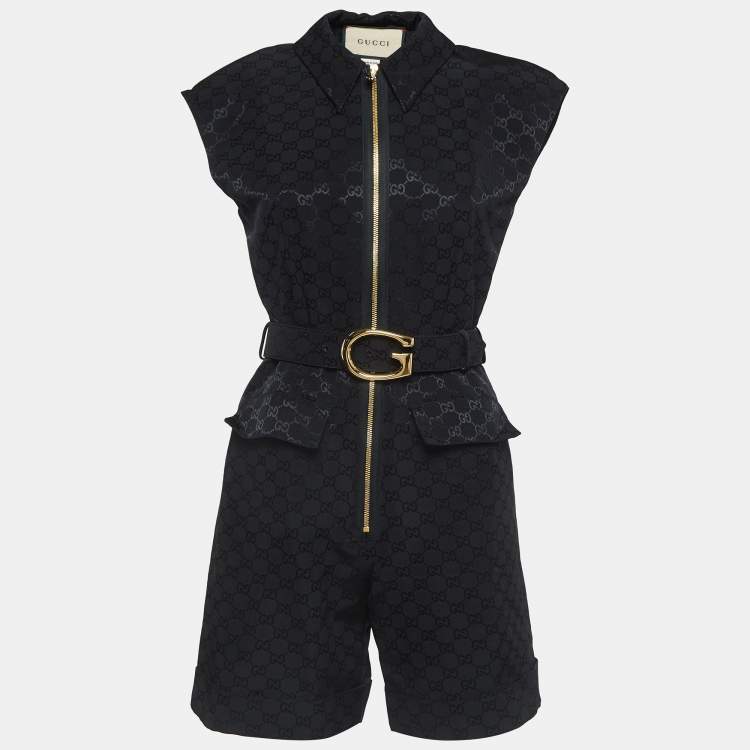 Pre Owned Gucci Black Monogram Jacquard Faille Belted Jumpsuit S