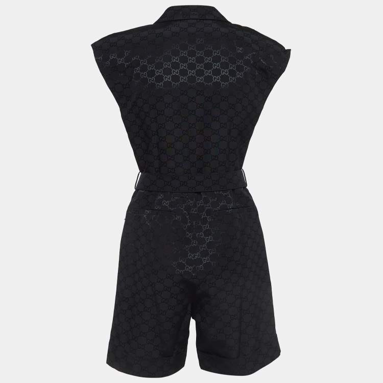 Pre Owned Gucci Black Monogram Jacquard Faille Belted Jumpsuit S