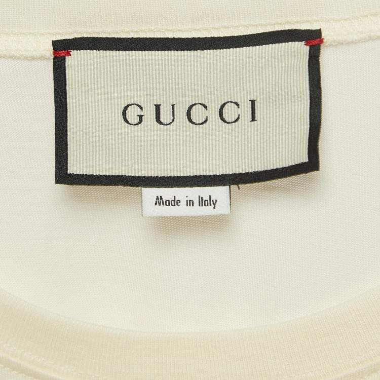 Pre Owned Gucci Cream Logo Sequined Cotton Crew Neck T-Shirt M