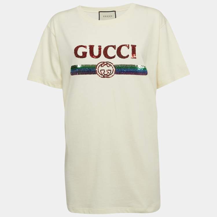 Pre Owned Gucci Cream Logo Sequined Cotton Crew Neck T-Shirt M