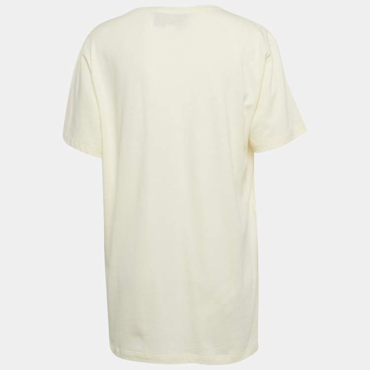 Pre Owned Gucci Cream Logo Sequined Cotton Crew Neck T-Shirt M