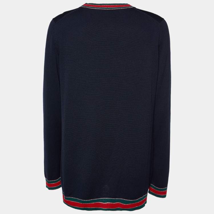 Pre Owned Gucci Navy Blue Wool Web Trim Button Front Cardigan XXL