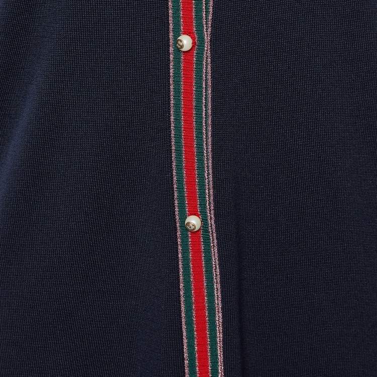 Pre Owned Gucci Navy Blue Wool Web Trim Button Front Cardigan XXL