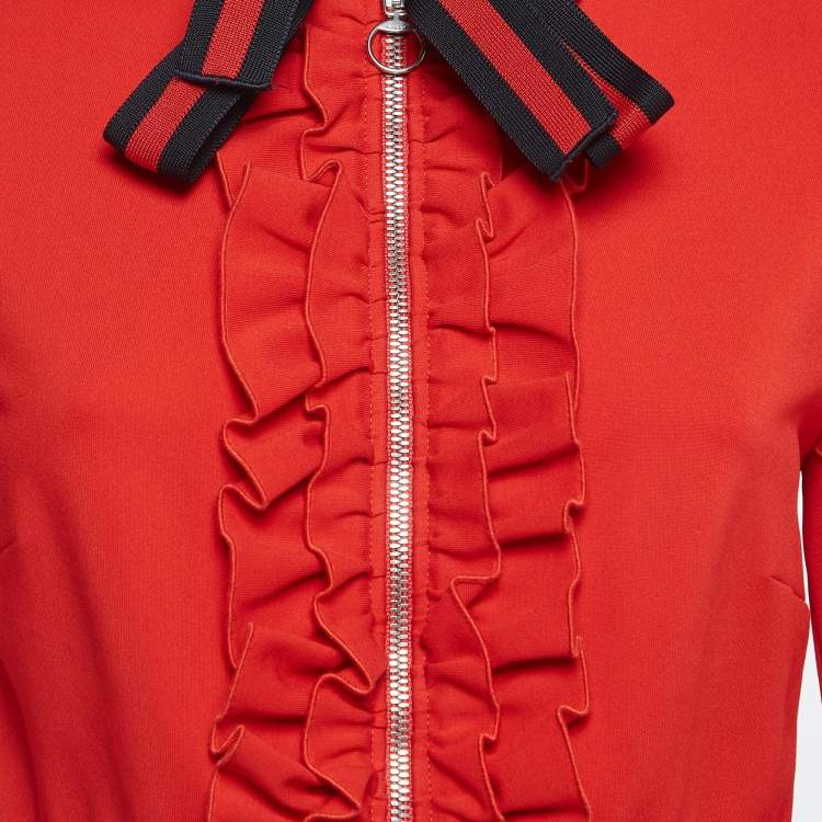 Pre Owned Gucci Red Jersey Tie Neck Ruffled Dress L