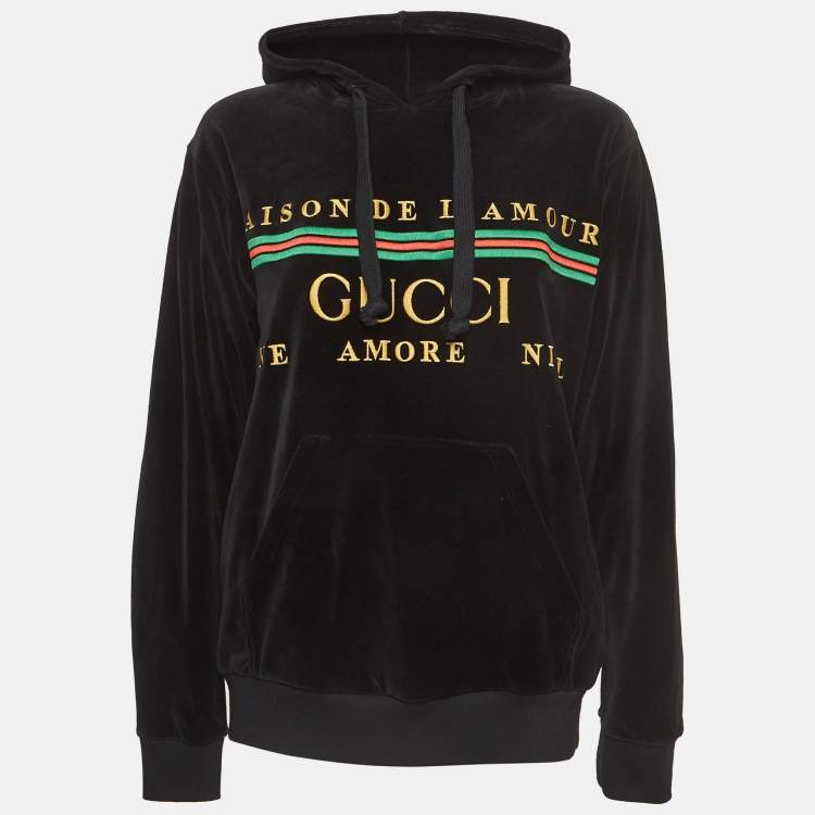 Pre Owned Gucci Black Logo Embroidered Velvet Hoodie XS